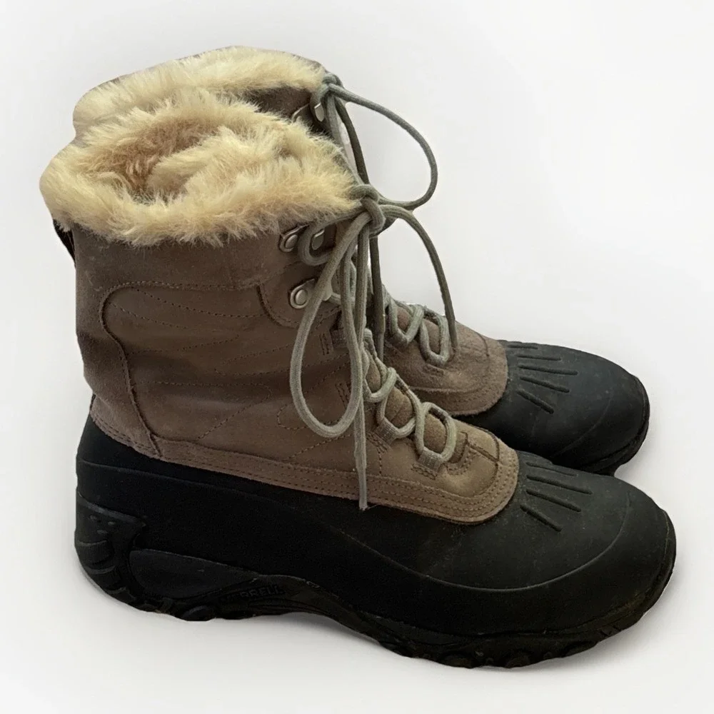 Merrell Womens Yakota Polar Snow Boots Fur Waterproof 11 Charcoal Taupe Lace Up